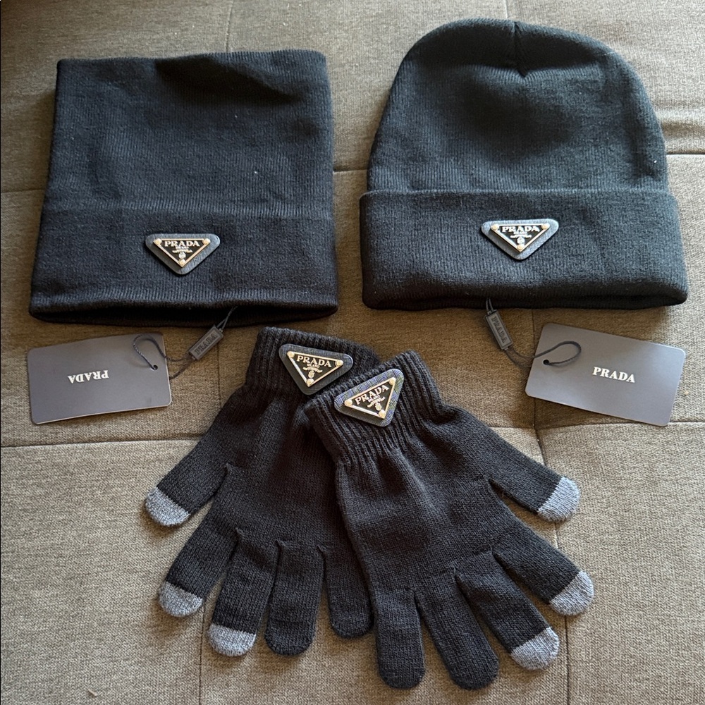 Prada Black and Gray Knit Hat and Gloves Set